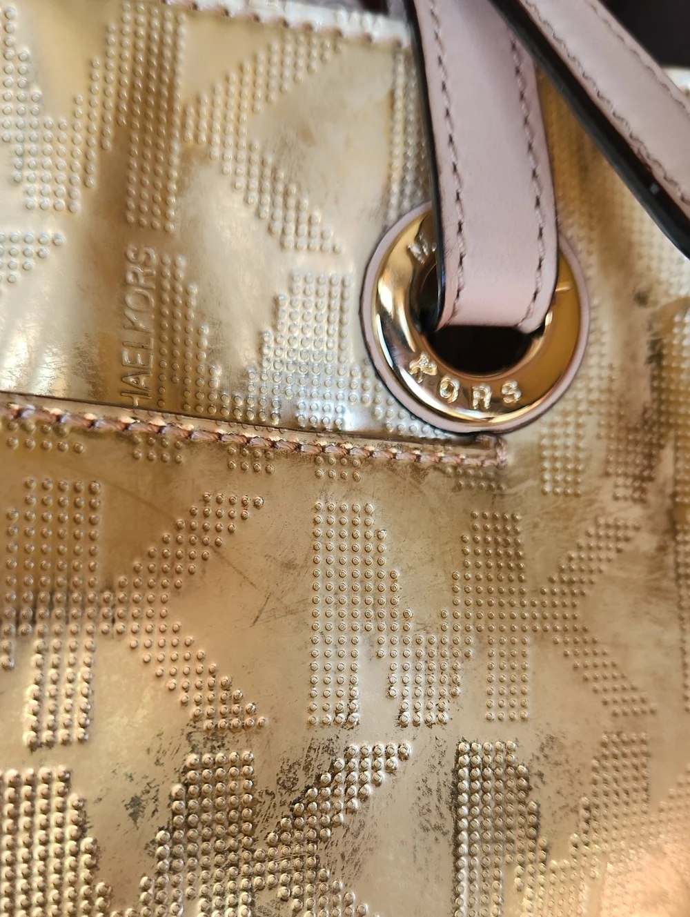 Michael KORS Metallic Gold Tote Handbag with Light Tan Straps